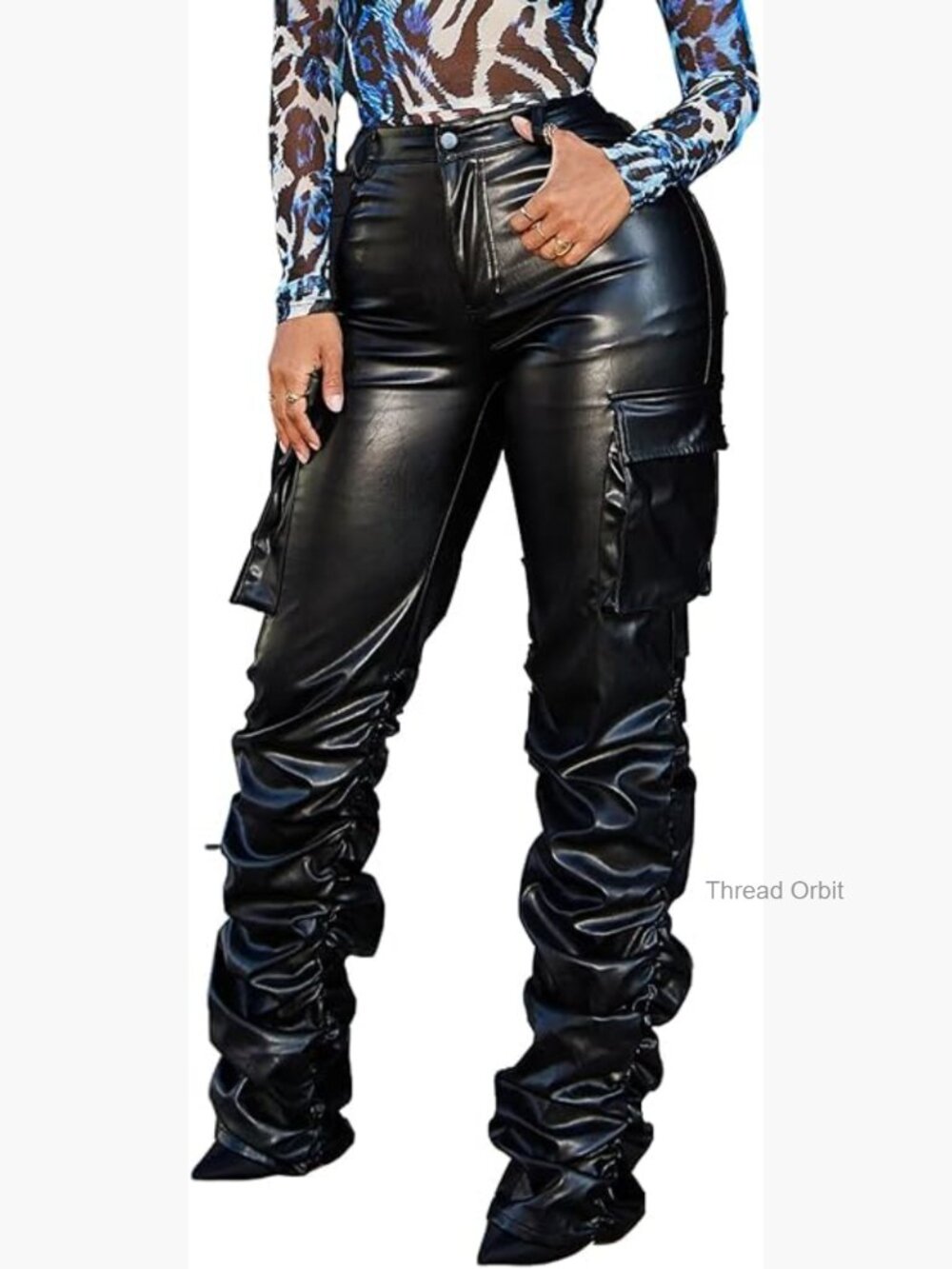 High Waisted Faux Leather Leggings Pleated Split Hem Stacked Pants